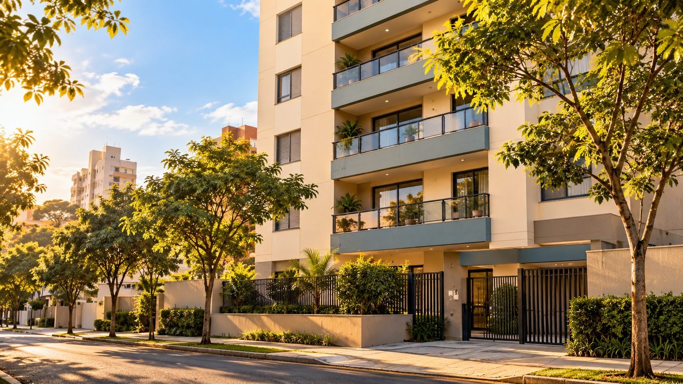 Prédio residencial em rua arborizada ao fim da tarde
