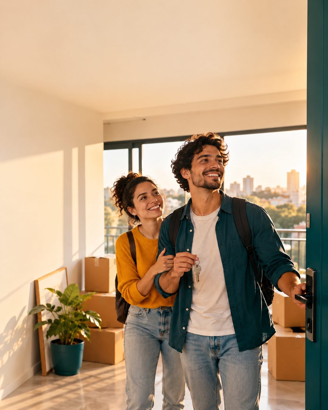 Casal sorrindo ao entrar no apartamento novo com a chave na mão