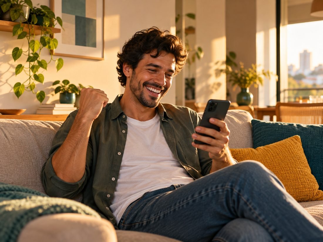 Homem comemorando no sofá enquanto olha o celular